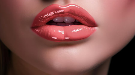 Glossy kissable lips in a natural shade of pink created with Generative AIの素材