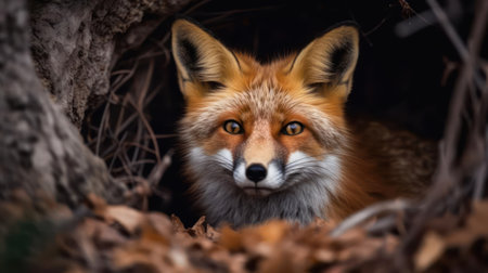 Sly fox peeking out from his den created with Generative AIの素材