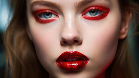 Glossy cherry-red lips that demand attention created with Generative AIの素材