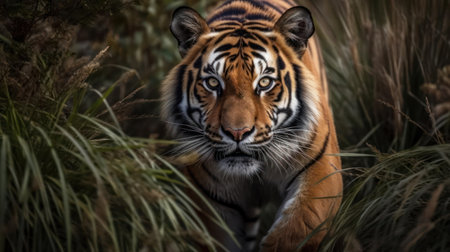 Mighty tiger prowling through the grass created with Generative AIの素材