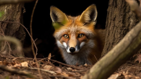 Sly fox peeking out from his den created with Generative AIの素材