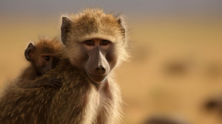 A baboon carrying its young on its back created with Generative AIの素材