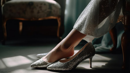 A bride-to-be tries on her wedding shoes glittering silver kitten heels created with Generative AIの素材