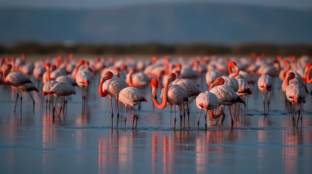A colorful flock of flamingos wading in a shallow lake created with Generative AIの素材