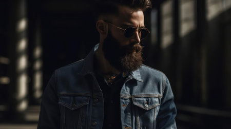 A male model with a beard wearing a denim jacket and fitted jeans created with Generative AIの素材