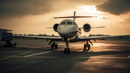 A private jet belonging to a member of the high society elite ready for takeoff at a private runway created with Generative AIの素材