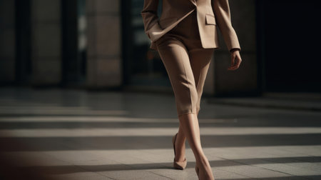 A sophisticated woman in a business suit walks in taupe platform heels created with Generative AIの素材