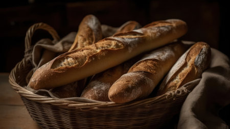A basket of warm crusty baguettes with a chewy interior created with Generative AIの素材