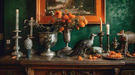 A beautiful antique vase painted in fiery oranges and deep greens sits atop a dusty mantelpiece The small room surrounding it is filled with knick-knacks and trinkets of varying ages and styles from silver candelabras to picture frames shaped like animals created with Generative AIの素材