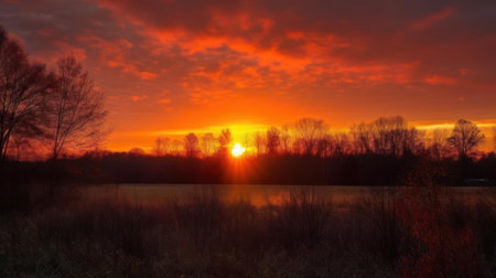 A beautiful colorful sunrise casting brilliant yellows and oranges across the sky created with Generative AIの素材