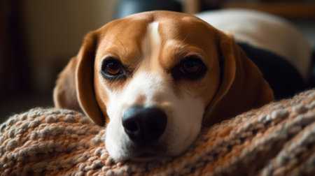 A Beagle snuggled up asleep in a dog bed created with Generative AIの素材