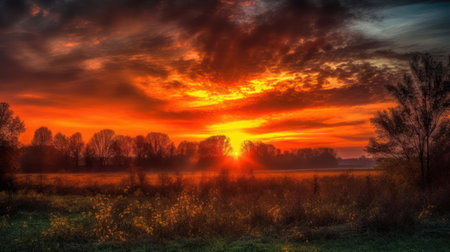 A beautiful colorful sunrise casting brilliant yellows and oranges across the sky created with Generative AIの素材