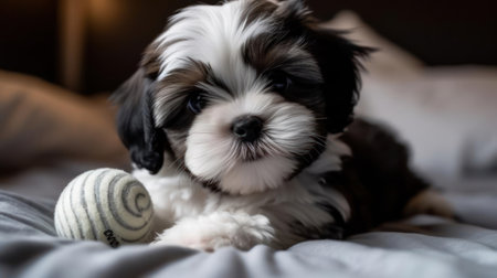 A black and white Shih Tzu puppy playing with a ball on the bed created with Generative AIの素材