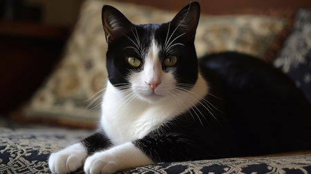 A black and white tuxedo cat resting on a pillow created with Generative AIの素材