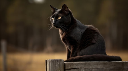 A black cat perched on a fence post watching the world go by created with Generative AIの素材