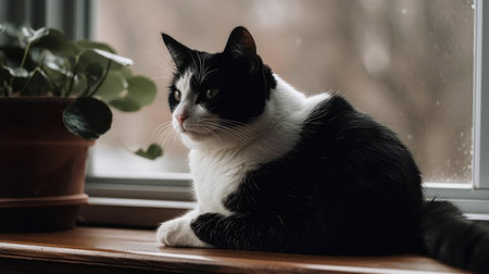 A black and white tuxedo cat perched on a side table created with Generative AIの素材