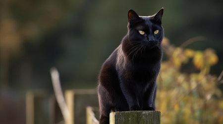 A black cat perched on a fence post watching the world go by created with Generative AIの素材