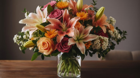 A bouquet of colorful flowers including roses lilies and daisies in a clear glass vase created with Generative AIの素材
