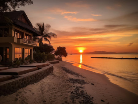 A breathtaking sunset viewed from a cozy beachfront villa created with Generative AIの素材