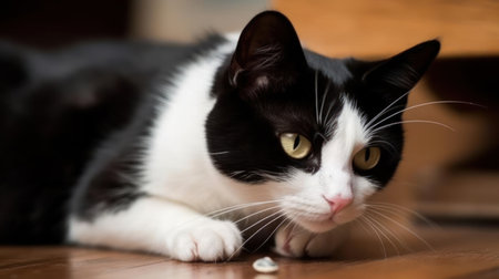 A black-and-white tuxedo cat playing with a toy mouse created with Generative AIの素材