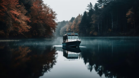 A boat cruising through a calm lake created with Generative AIの素材