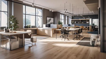 A bright open-concept workspace with a focus on collaboration and productivity created with Generative AIの素材