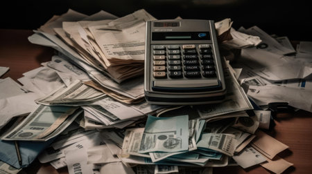 A calculator next to a pile of bills and receipts created with Generative AIの素材