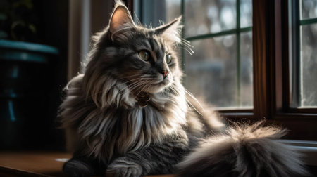 A cat with a fluffy tail lounging on a windowsill created with Generative AIの素材