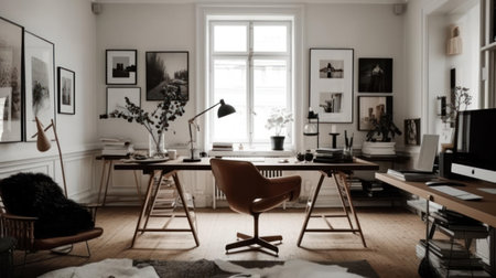 A chic minimalist workspace featuring tasteful decor and stylish furnishings created with Generative AIの素材