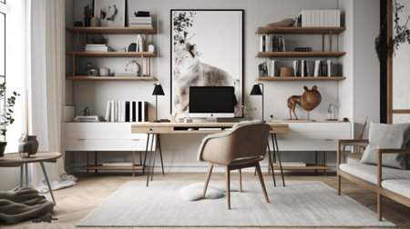 A chic minimalist workspace featuring tasteful decor and stylish furnishings created with Generative AIの素材