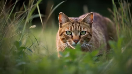 A cat stalking through the grass in slow motion created with Generative AIの素材