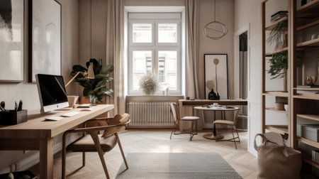 A chic minimalist workspace featuring tasteful decor and stylish furnishings created with Generative AIの素材