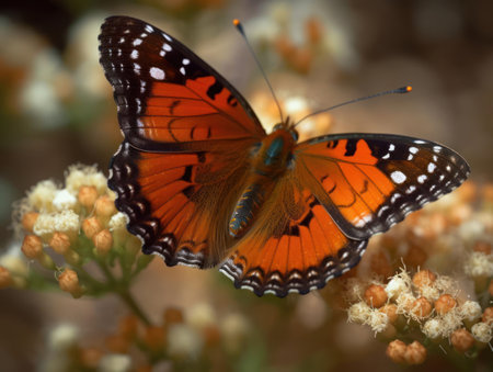 A close-up of a beautiful butterfly resting on a flower created with Generative AIの素材