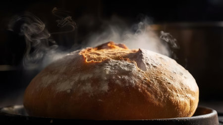 A close-up of a freshly baked loaf of bread with steam rising from it created with Generative AIの素材