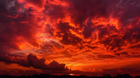 A close-up of a vibrant fiery sunset sky with hues of orange and pink created with Generative AIの素材