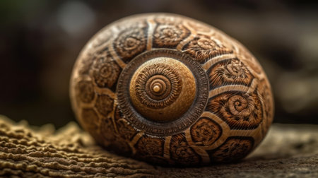 A close-up of a snail with intricate patterns on its shell created with Generative AIの素材