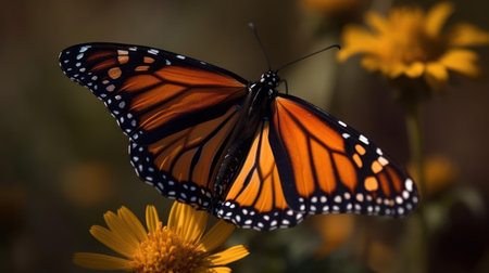 A close-up shot of a butterfly perched on a flower its wings spread wide created with Generative AIの素材
