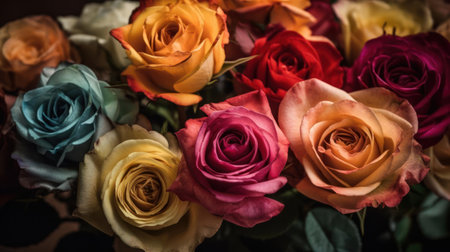 A close-up shot of a bouquet of roses in different hues created with Generative AIの素材