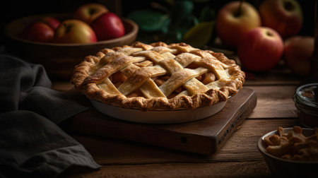 A close-up shot of a freshly baked apple pie on a rustic wooden tabletop created with Generative AIの素材
