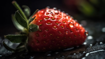 A close-up shot of a juicy strawberry with water droplets on it created with Generative AIの素材