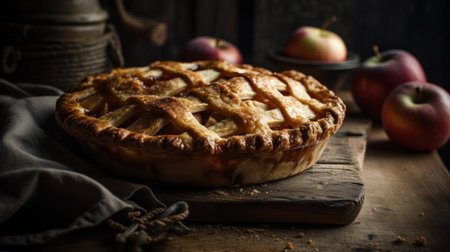 A close-up shot of a freshly baked apple pie on a rustic wooden tabletop created with Generative AIの素材