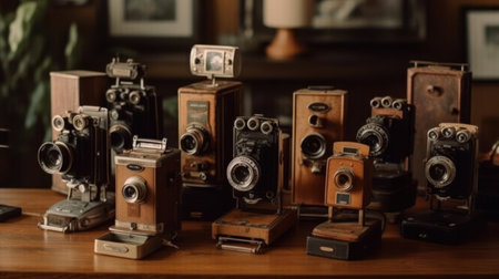 A collection of vintage cameras on a wooden table created with Generative AIの素材