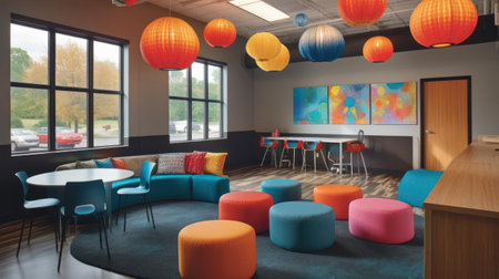 A colorful collaboration space designed to inspire creativity and collaboration created with Generative AIの素材