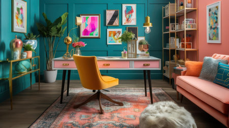 A colorful home office with unique decor and a mix of seating options created with Generative AIの素材