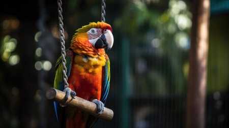 A colorful parrot perched on a swing chirping away created with Generative AIの素材