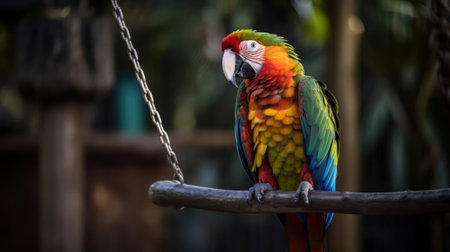 A colorful parrot perched on a swing chirping away created with Generative AIの素材