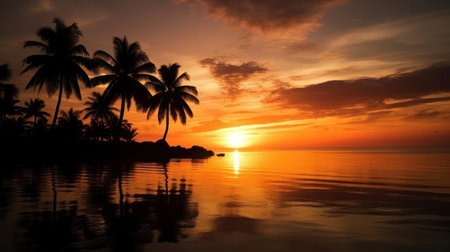 A colorful sunset over a calm sea with silhouettes of palm trees in the foreground created with Generative AIの素材