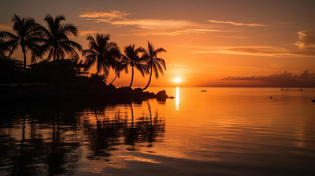 A colorful sunset over a calm sea with silhouettes of palm trees in the foreground created with Generative AIの素材