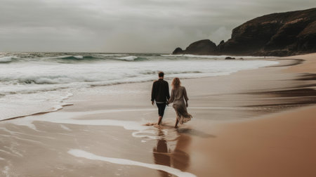 A couple walking hand in hand on a sandy beach with the waves crashing at their feet created with Generative AIの素材