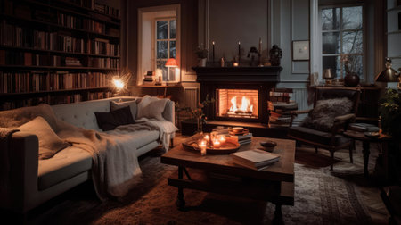 A cozy living room with a fire burning in the fireplace and a pile of books on the coffee table created with Generative AIの素材
